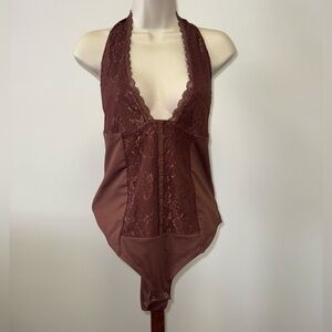 Uncooyee (Large) Brown Lace Halter Neck Bodysuit